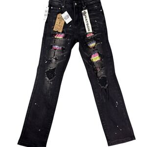 Watson Straight Jeans Mens 30 Black Denim Distressed Multi Rip Rhinestone Cotton